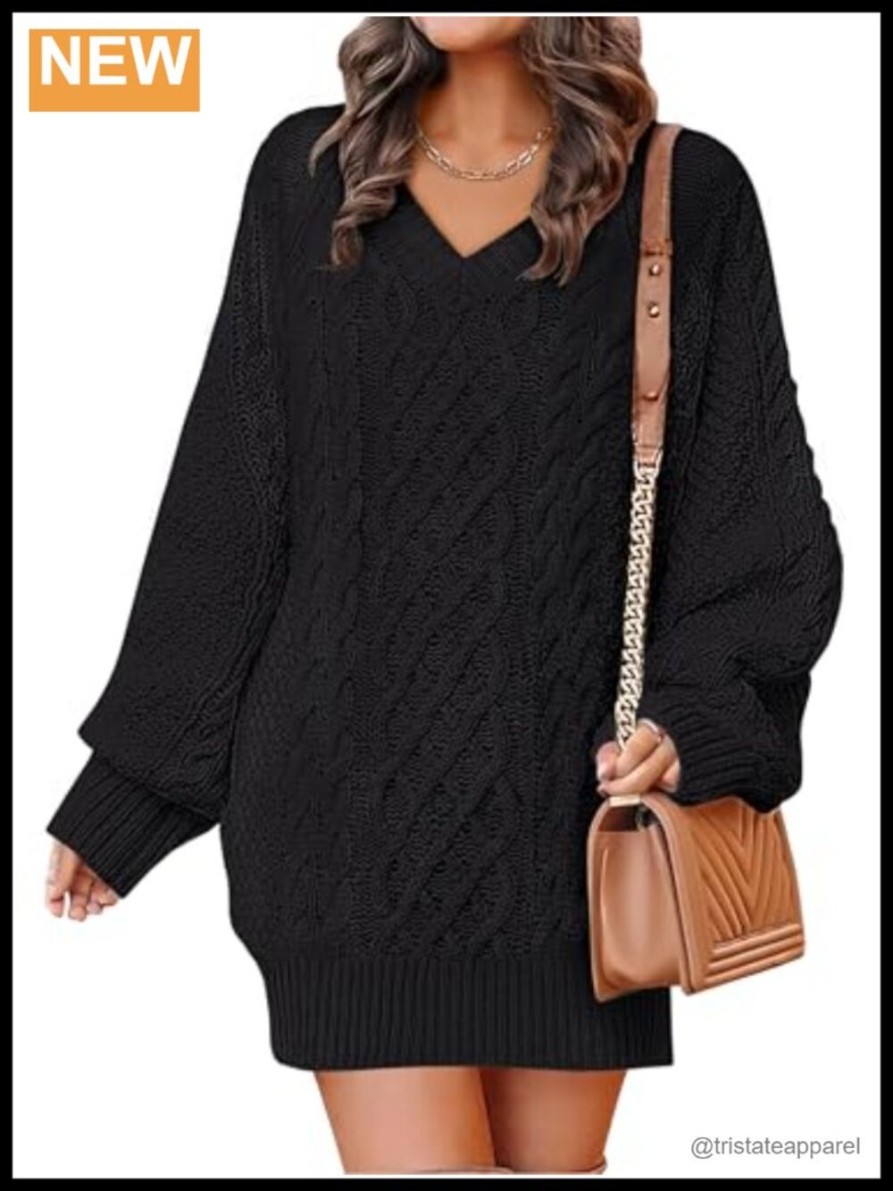 Women's V-Neck Cable Knit Sweater Dress Oversized Long Sleeve